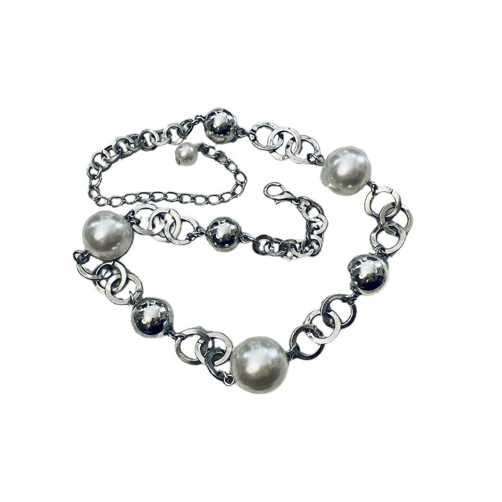 Silver Toned Bead and Faux Pearl Chain Linked Necklace